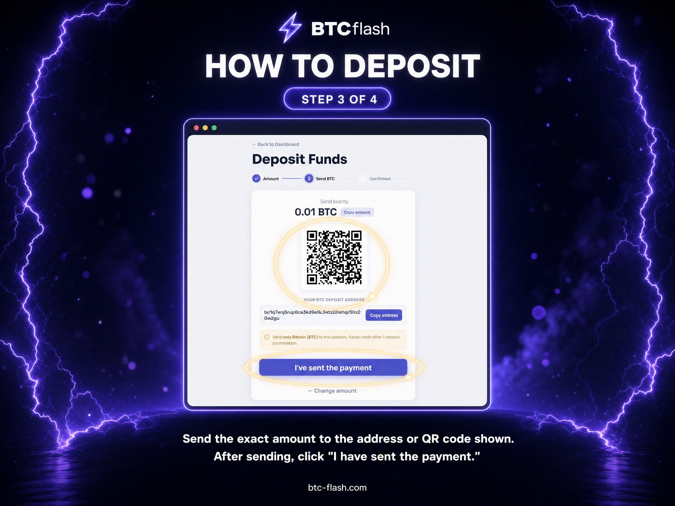 Deposit guide step 3: Send BTC to your address